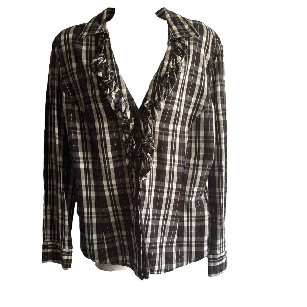 New York & Company Plaid Ruffle Front Button Up Blouse Size L Cotton Black White